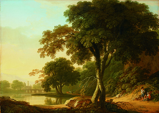 Thomas Roberts, A Wooded River Landscape with a  ruined abbey by a bridge and a travelling family resting, oil on canvas, 48.3 x 67.3 cm, private collection. Image courtesy of Pyms Gallery, London.