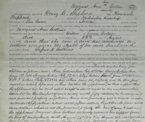 This is an affidavit from the Civil War pension file of Rufus Collins where his mother, Margaret Ann, is testifying about the fact that her husband has died, she’s got a bunch of kids, and that Rufus was the main means of support for the family. You can see Margaret Ann’s mark in the upper right.  This was 1865. Sadly, within two years, their house would burn down and Margaret Ann would die. As Megan Smolenyak, who discovered the affidavit, said about Thomas (Judy’s great-grandfather), “Between the ages of eight and 14, then, young Thomas had endured the loss of his father, his brother, his family’s main means of support, his family home and all their possessions, and his mother.”