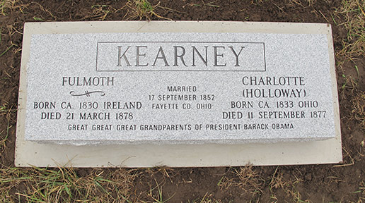 Fulmoth Kearney, President Obama’s Irish ancestor from Moneygall, Co. Offaly, has been properly memorialized at his grave in Kansas.