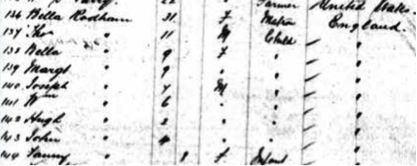 Ship’s log showing Bella Rodham and her children arriving in New York in 1882. (FamilySearch.org)