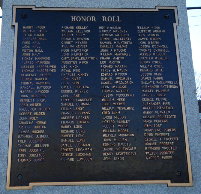 WWI Honor Roll, People’s Park,  Paterson, New Jersey. A quick look at the plaque reveals many Irish names among the soldiers who were killed in battle.