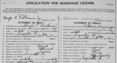 937 marriage  license of Hugh E.  Rodham to Catherine Meisinger. (FamilySearch.org)