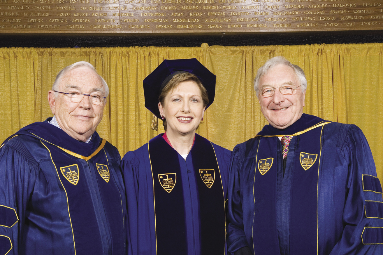 Donald Keough, President  of Ireland Mary McAleese, and Martin Naughton receive honorary doctorates from the University of the Notre Dame.