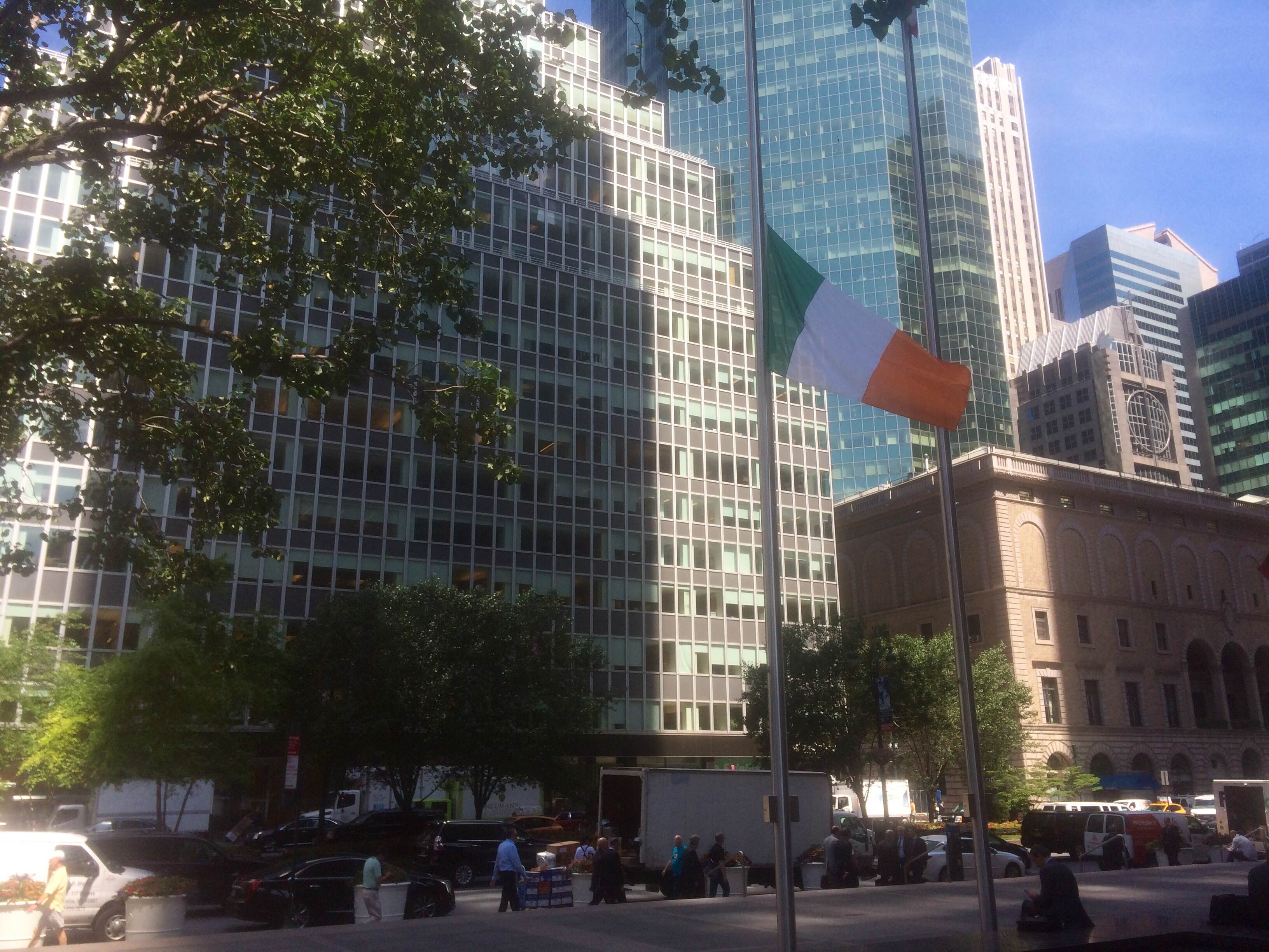The Irish flag at half mast outside the Consul General of Ireland in New York City.