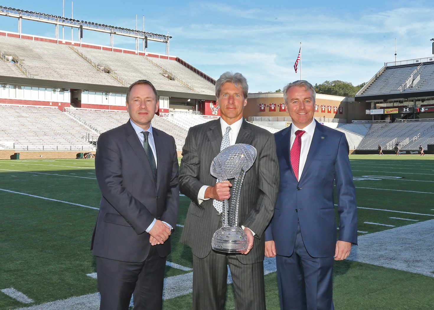 Pictured at the presentation of the Keough-Naughton Trophy at Boston College were L-R: Stephen Kavanagh, CEO Aer Lingus; Brad Bates, Boston College Director of Athletics; and Neil Naughton, chairman of the Aer Lingus College Football Classic steering committee.
