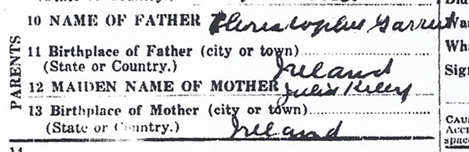 Names of Ann Garrity’s parents from her New Jersey death certificate. (New Jersey State Archives)