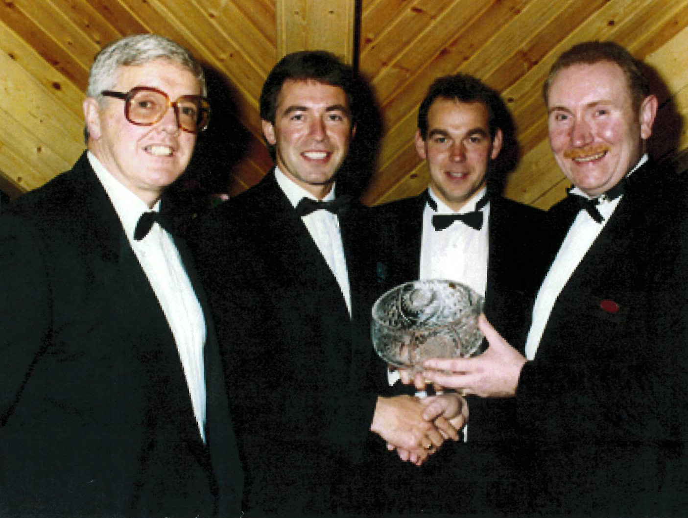 Clerkin (second from left), with John Lavery (far left),  honoring Stephen  McComb (far right) on the occasion of the opening of his new hotel in Belfast, c. 1990. 