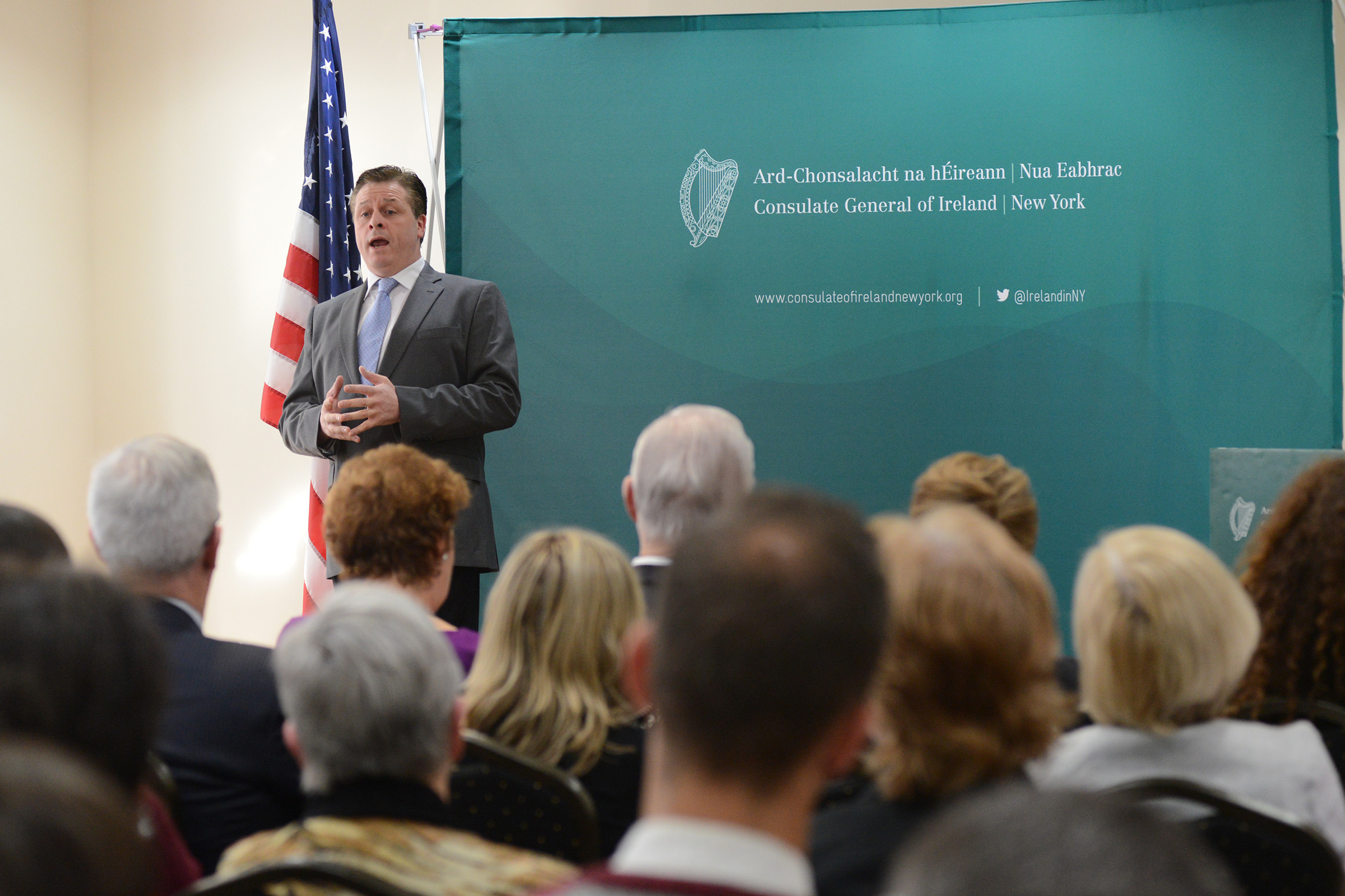 Irish Tenor Anthony Kearns sings at the event with Minister for Foreign Affairs and Trade Charlie Flanagan launching the 2016 Centenary Programme in the United States of America today in New York at the Consulate of Ireland. (Photo: James Higgins)
