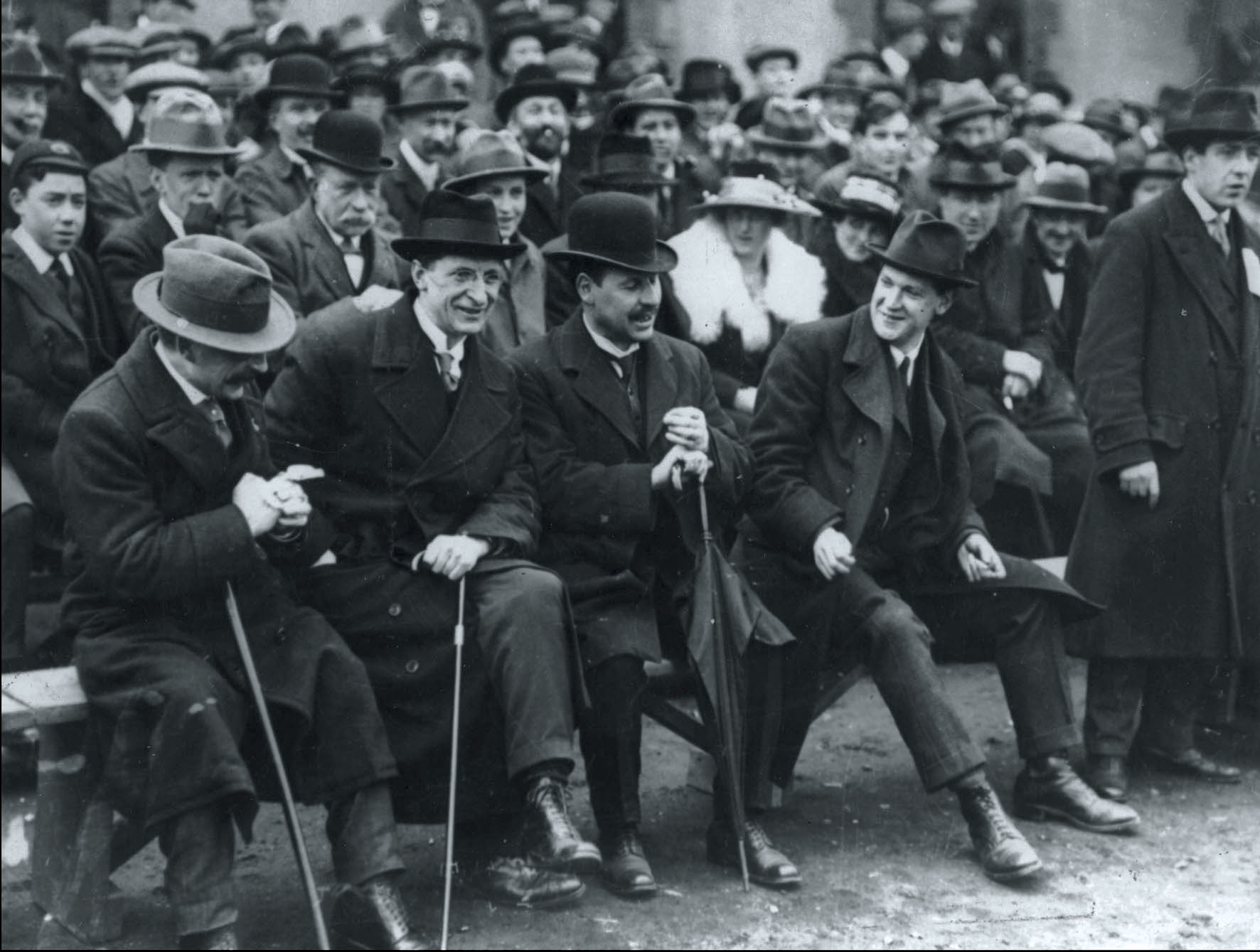 From left, Arthur Griffith, Eamon de Valera, Laurence O’Neill, and Collins at Croke Park, 1921.