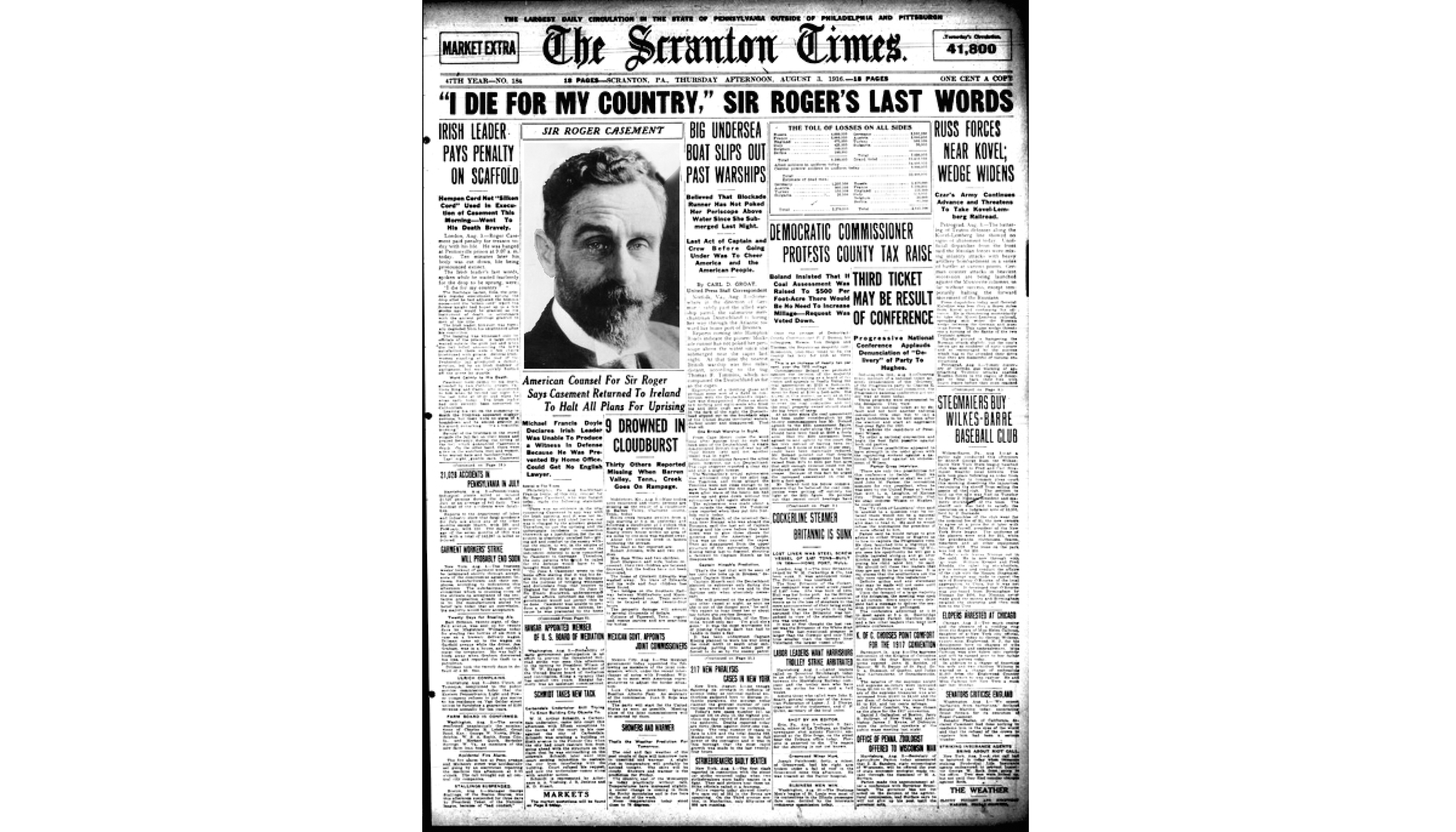 August 1, 1916: The Scranton Times reported on the hanging of Sir Roger Casement.