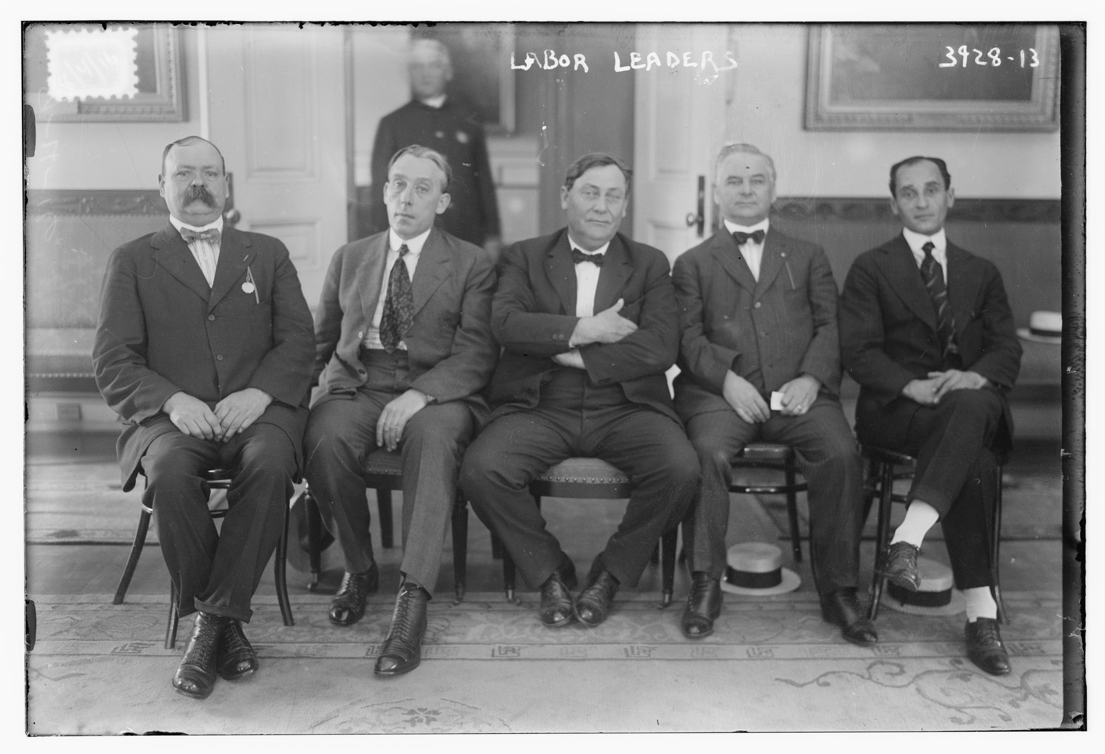 August 4, 1916: From left: Irish American  labor leaders Timothy Healy, William B.  Fitzgerald, William D. Mahon, Hugh Frayne (general  organizer in  New York for  the American  Federation of Labor), and Louis Fridiger. Probably taken during the streetcar strike in New York City, which took place in July and August of 1916. Fitzgerald, Mahon, and Fridiger  represented the Amalgamated  Association of Street Railway  Employees of  America.