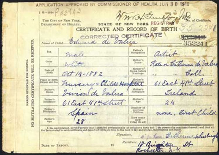 Corrected birth  certificates of Éamon de Valera (image courtesy of New York City  Department of Records).