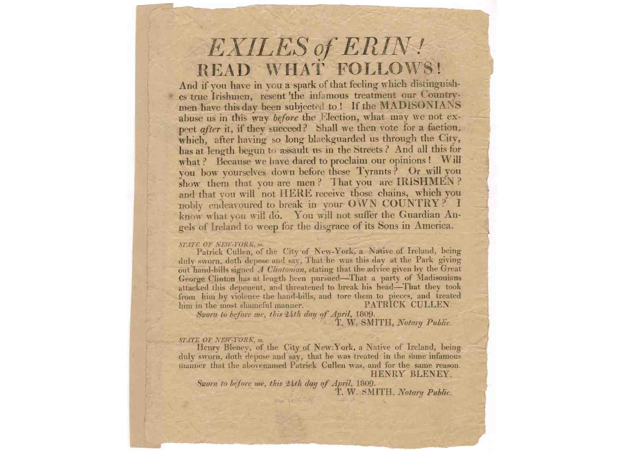 "Exiles of Erin" broadside on display at Gracie Mansion.