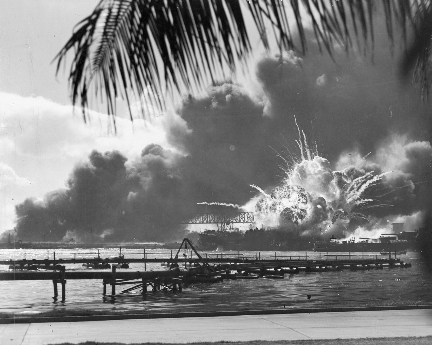 An unknown navy photographer snapped this photograph of the Japanese attack on Pearl Harbor in Hawaii on December 7, 1941, just as the USS Shaw exploded.(Wikimedia Commons)