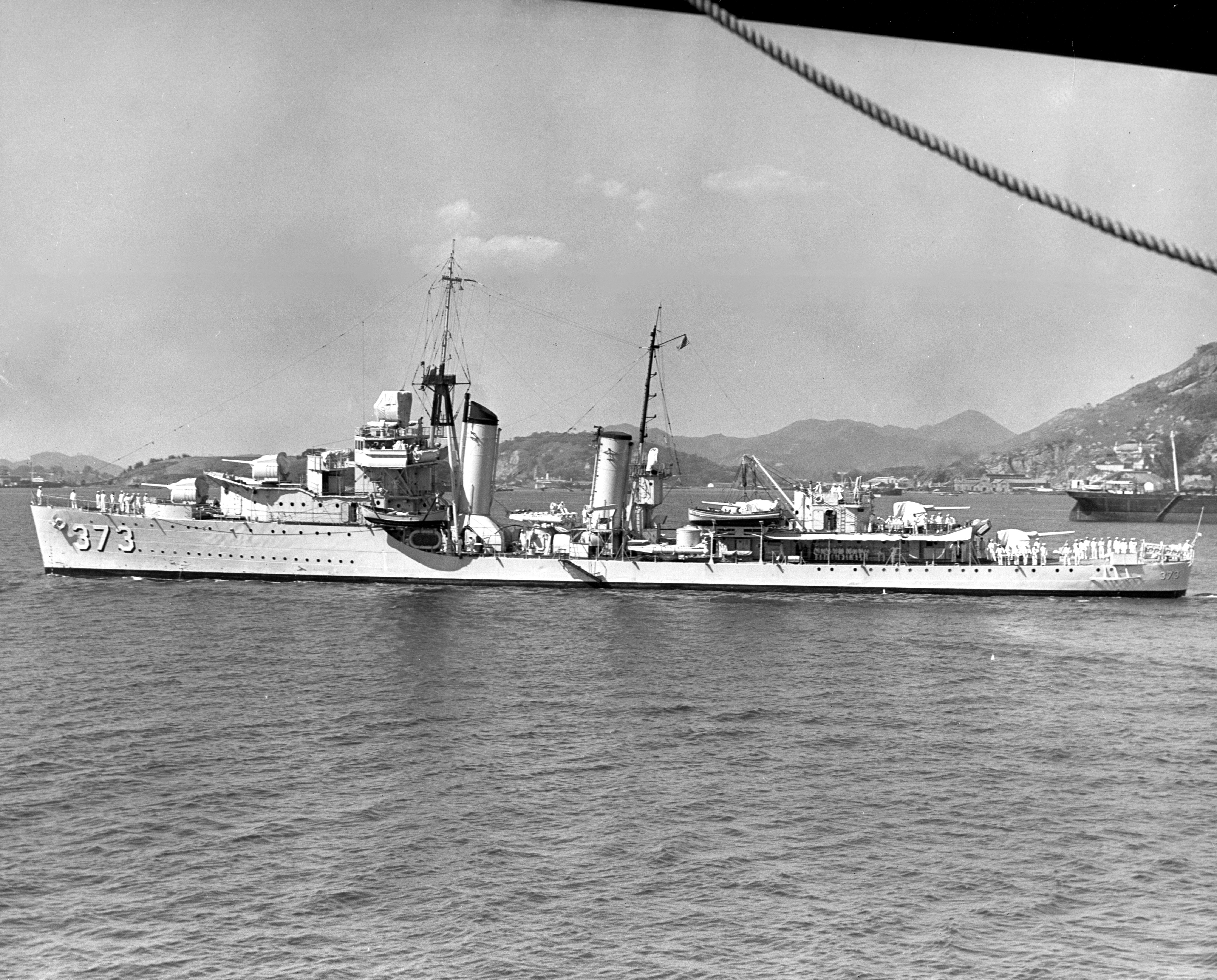 The U.S. Navy destroyer USS Shaw (DD-373) entering Rio de Janeiro harbor, Brazil, 1 September 1938. Taken by a USS Enterprise (CV-6) photographer. Official U.S. Navy Photograph, from the collections of the Naval Historical Center.