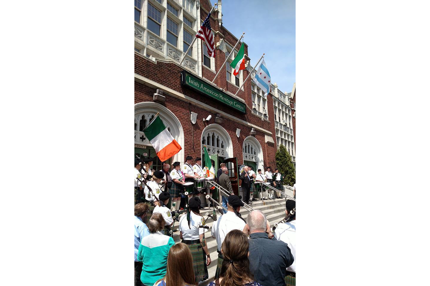 The Irish  American Heritage  Center in Chicago on front steps reading the Proclamation at exactly 12:04 pm on April 24, 2016.