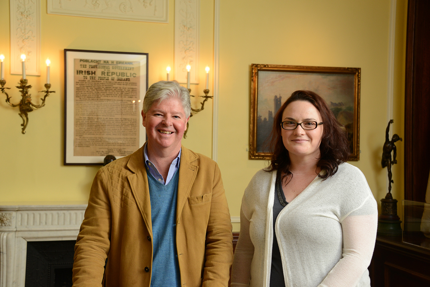 Chris Cahill, executive director of the American Irish Historical Society, with AIHS librarian Georgette Keane at the "Her Exiled Children: 1916 Archives" exhibition last year. 