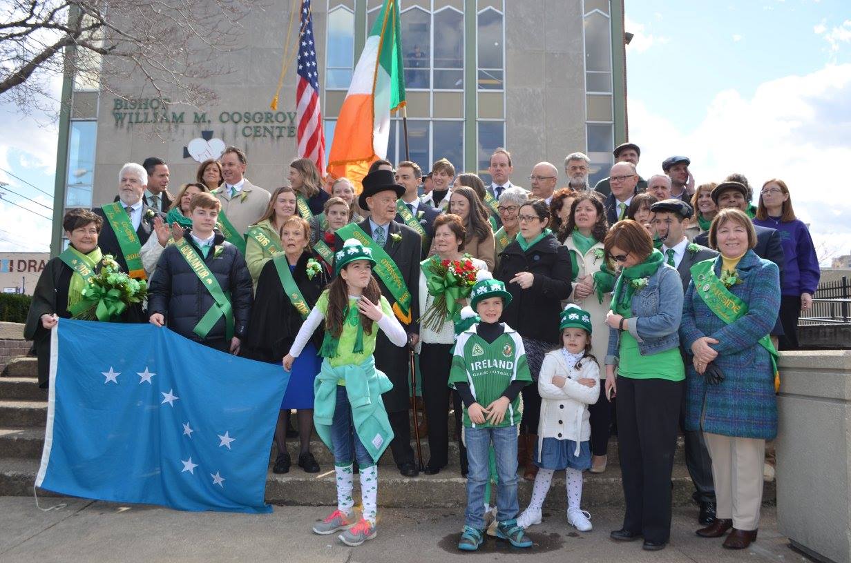St. Patrick's Day celebrants in front of Cleveland's Bishop William M. Cosgrove Center.