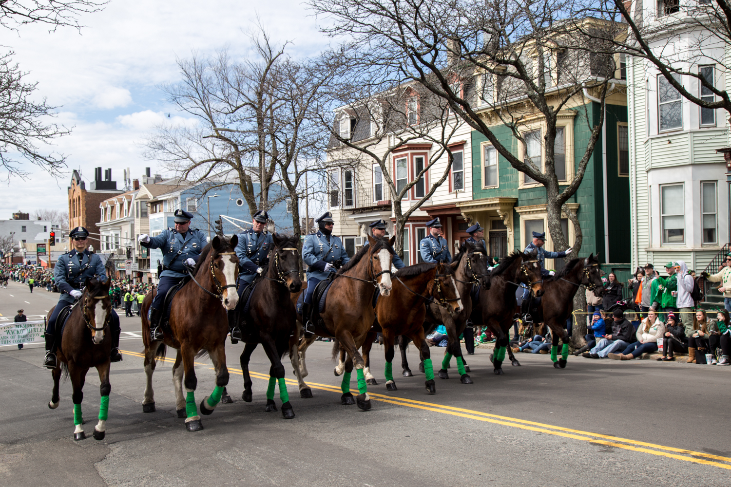 Mounted police march in the Boston St. Patrick's Day Parade.