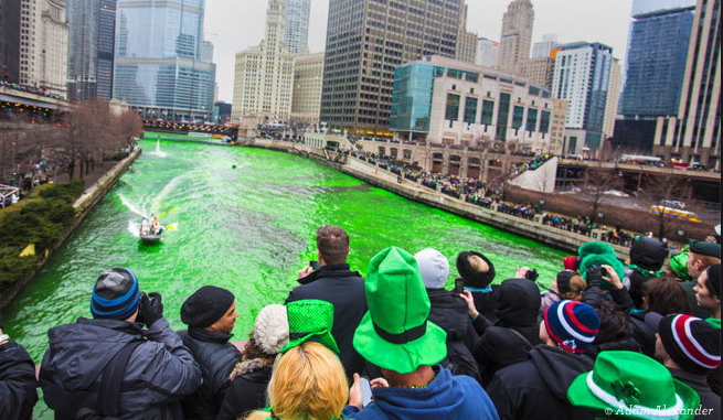 The Chicago River is dyed green each St. Patrick's Day.