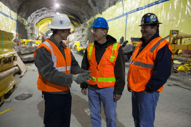 O’Sullivan  (center) tours the  Second Avenue  subway tunnel work  site in New York City with Laborers’  Local 147, “The  Sandhogs,”  November 2013.