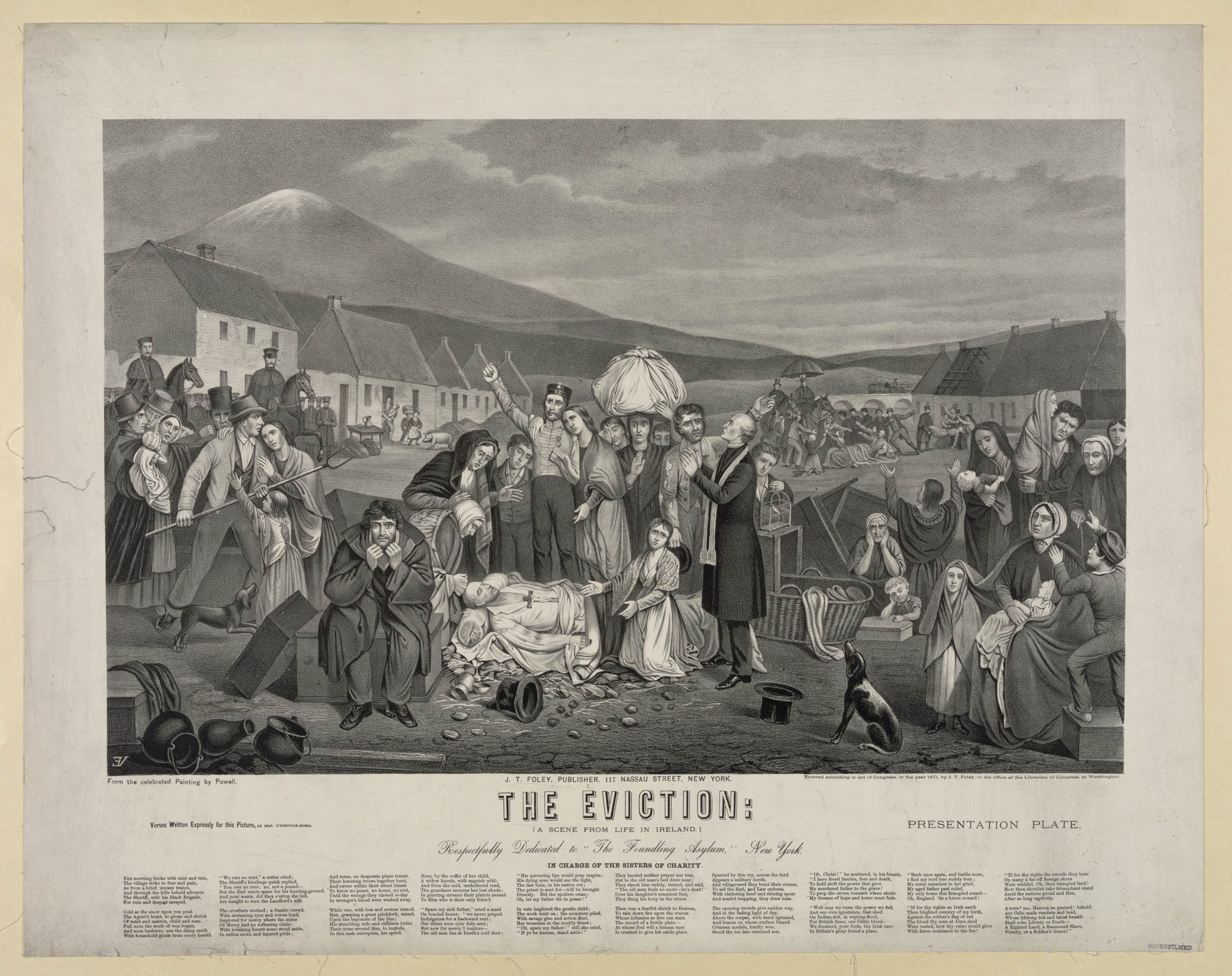 “The Eviction: A Scene from Life in Ireland,” an 1871 Library of Congress presentation plate published by J.T. Foley after a painting by W.H. Powel. The scene shows clusters of tenants with their belongings after being forcibly evicted from their homes on land largely owned by British absentee landlords. The text at the bottom is an original poem commissioned for the plate by Mary Jane O’Donovan-Rossa. (Photo: Library of Congress)