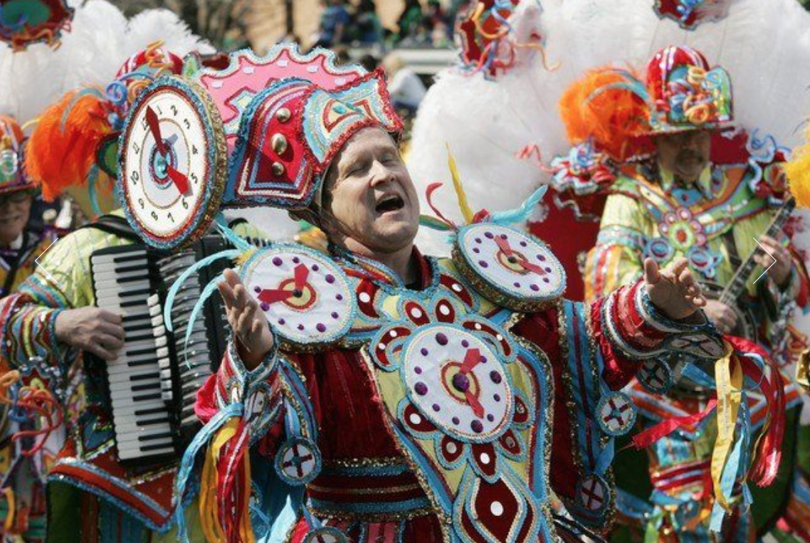 Every year colorfully-costumed Mummers march in the Holyoke St. Patrick's Day Parade.