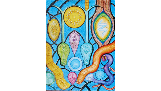 “Parasite  Window,” 1992, featured in Campbell’s book, Poem, Paint and Pathogen.  As well as being a renowned parasitologist, Campbell is a talented artist and poet. His work usually features parasitic worms which he considers “very beautiful.”