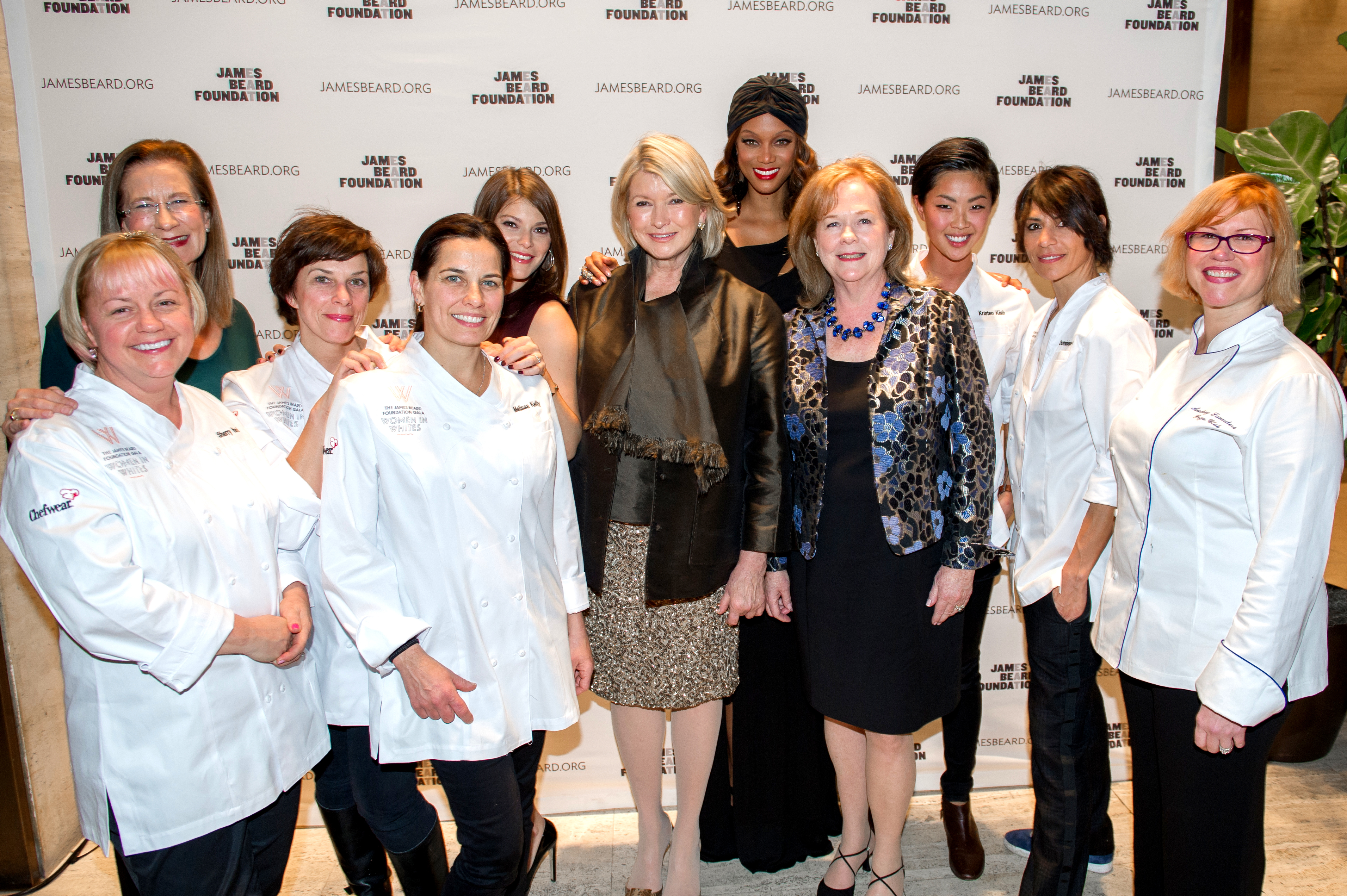 Honorary event chairs Tyra Banks, Gail  Simmons, and Martha Stewart with James Beard Foundation  President Susan Ungaro and all participating chefs (Barbara Lynch is third from left), mixologists, and winemakers at the 2013 James Beard Foundation Women in Whites Gala hosted at the Four Seasons Restaurant in New York.