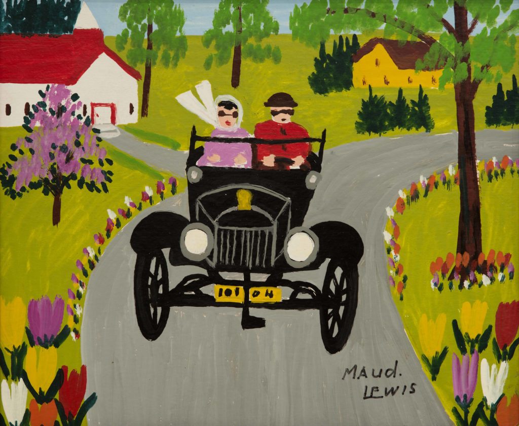 “Model T on Tour” by Maud Lewis. Oil on graphite board, c. 1960s.