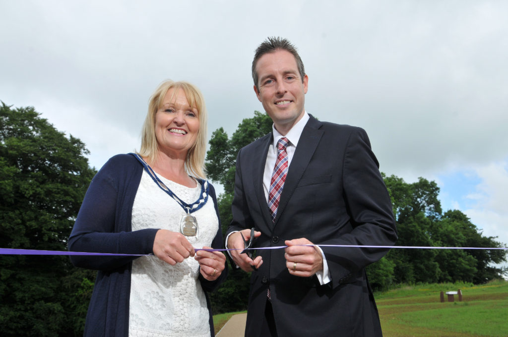 Minister for Communities Paul Givan MLA along with Sharon McAleer, Deputy Chair Mid Ulster Council at the re-opening of Tullaghoge Fort. (Photo: NorthernIreland.gov.uk)