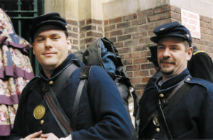 Kevin Ryan (left) and Kevin McCreedy (right) leave the 69th Regiment Armory to take the subway uptown to the St. Patrick's Day Parade. Ryan was in the film Gods and Generals. McCreedy is the only member of the brigade born in Ireland (Armagh).