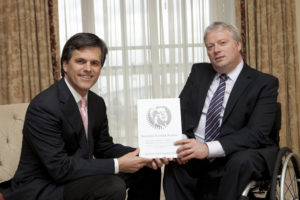 Sean Connick, chairman of the JFK Trust, New Ross presenting the Kennedy Summer School program to Tim Shriver, son of Eunice Kennedy and Sargent Shriver. Photo: Fennell Photography.