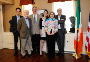 The "Mary Lavin Remembered" event at NYU's Glucksman Ireland House on April 27, 2012. L-R: Greg Londe, Cormac O'Malley. James Ryan, James and Caroline's daughter Alice, Mary Gordon and Colm Tóibín. Photo: NUY Photo Bureau - Dan Creighton.