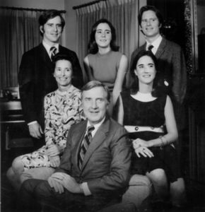 A January 1971 portrait of Ohio's new first family, printed in the Columbus Dispatch “With Gov.-elect John J. Gilligan and his wife, Katie, are their four children (from left): John (a Dartmouth College senior); Ellen (a high school senior); Kathleen (who graduated from Trinity College last June and since has been working in her father’s campaign); and Donald (a teacher at Bishop Hartley High School).”