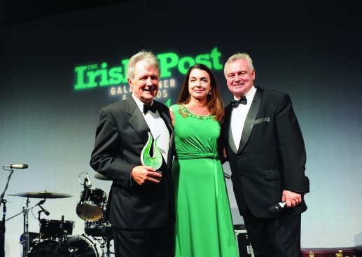 Michael Forde (left) from the Irish World Heritage Centre in Manchester, the Irish Post Community Award winner, with Sinead Mac Lua (center), daughter of Irish Post founder Brendan Mac Lua, and host  Eamonn Holmes (right).