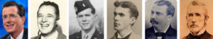 Family resemblance? (from left to right): Stephen T. Colbert, father James W. Colbert, uncle Andrew E. Tuck,  grandfather Andrew E. Tuck, great-grandfather John C. Fee, and great-great-grandfather Patrick Connolly 