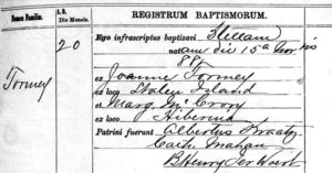 Baptism form (in Latin) of daughter of John and Margaret Tormey that shows her parents’ birth places of Staten Island and Hibernia.