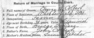 Marriage license recording George W. Colbert’s race as Irish.