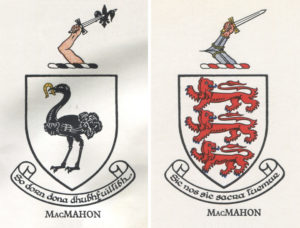 The coat of arms of the Ulster McMahons (left) and the Clare McMahons (right). Irish Families, by Edward MacLysaght (Hogges Figgis: 1957).