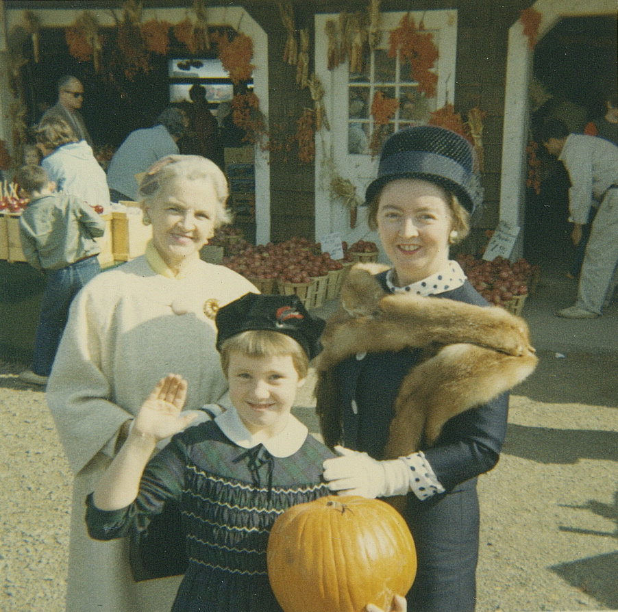 Grandma  helping Mom and me pick out the best pumpkin ever at Tice’s Farm in Montvale, N.J., on a Sunday morning after mass in 1964.   From left to right,  Mary Garvey O’Connor,  Margaret-Mary  “Maggie”Cahill,  Helen O’Connor Cahill.
