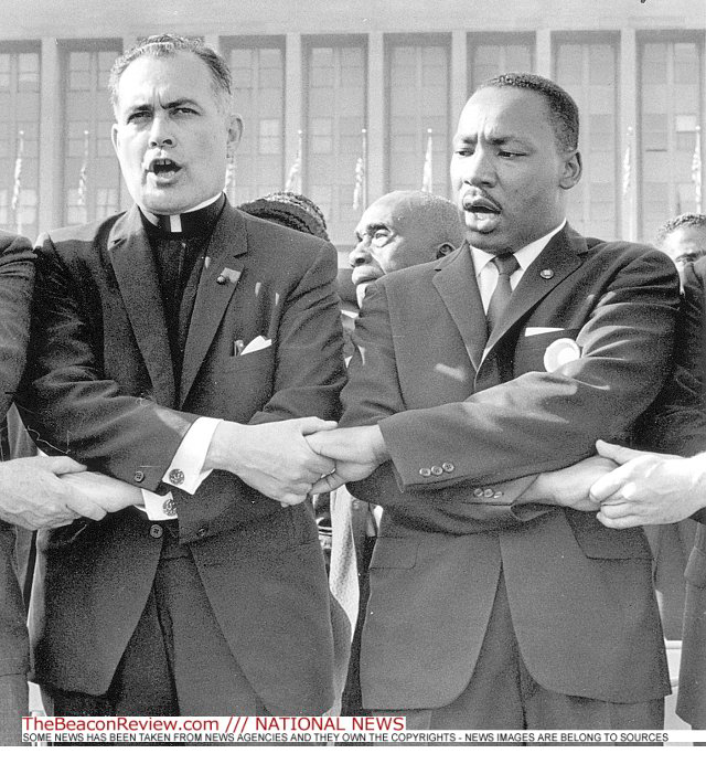 Father Hesburgh with Martin Luther King, Jr. at the 1964 March on Washington. (Photo: The Beacon Review)