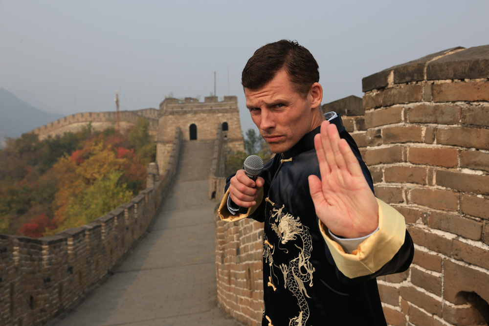 In or out?: Bishop on the Great Wall of China. Before moving there, Bishop admits he knew nothing other than two cultural stereotypes: the famous photo of the man in front of the tank in Tiananmen Square, and the kung fu movies he used to go see in Times Square. He is happy to have those images busted.