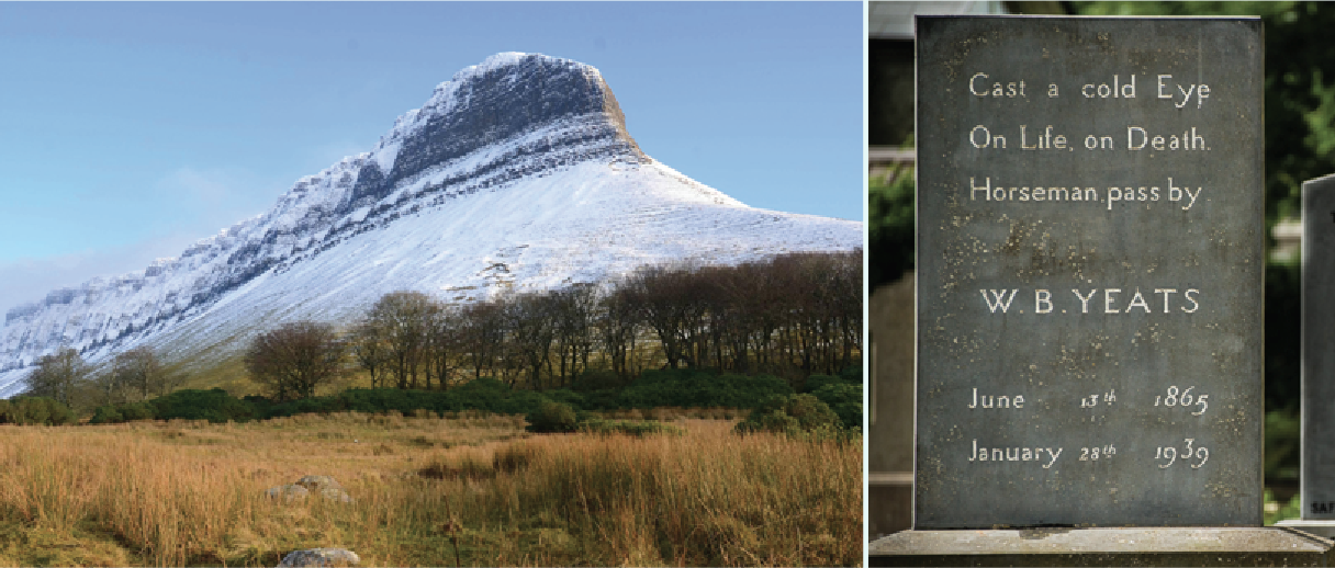 Left: Ben Bulben after snowfall. Right: Yeats's gravestone at Drumcliffe Churchyard.