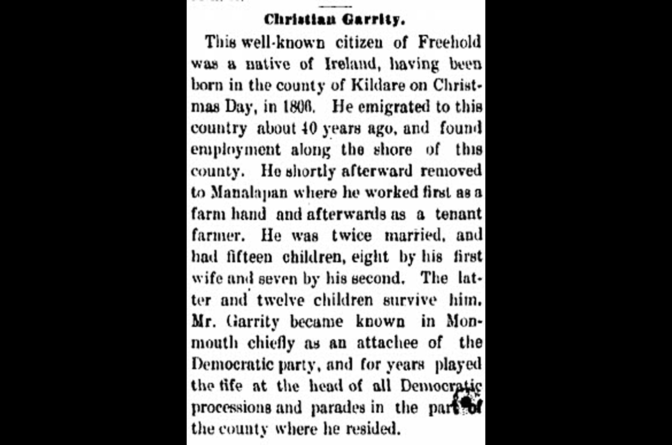 Obituary of Christopher Garrity. (Red Bank Register, 1884)