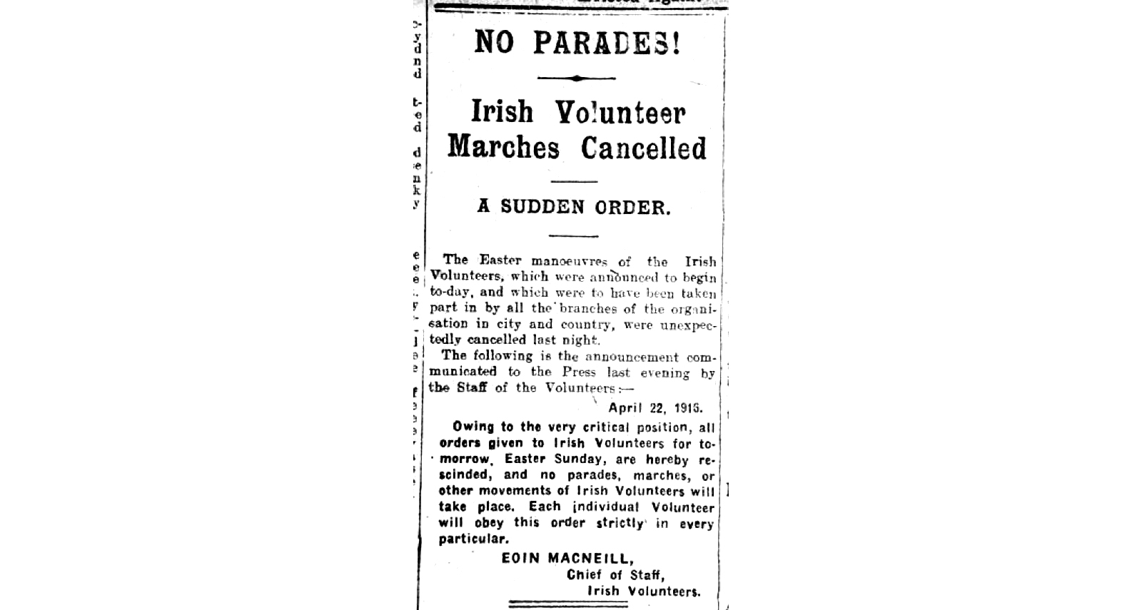 MacNeill’s Irish Volunteer order to  call off the Rising that ran April 21, 1916.