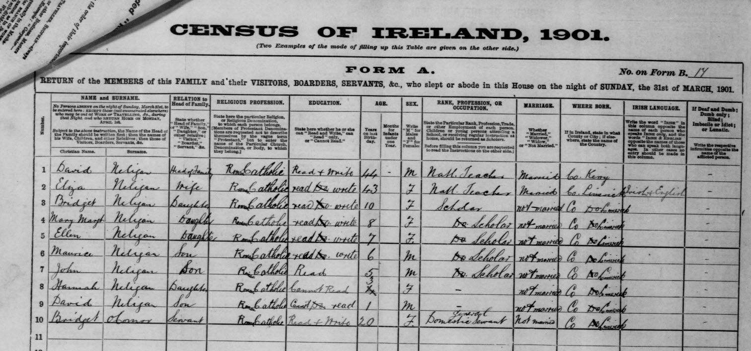 David Neligan with his parents and siblings in the 1901 census (one brother had died in infancy).