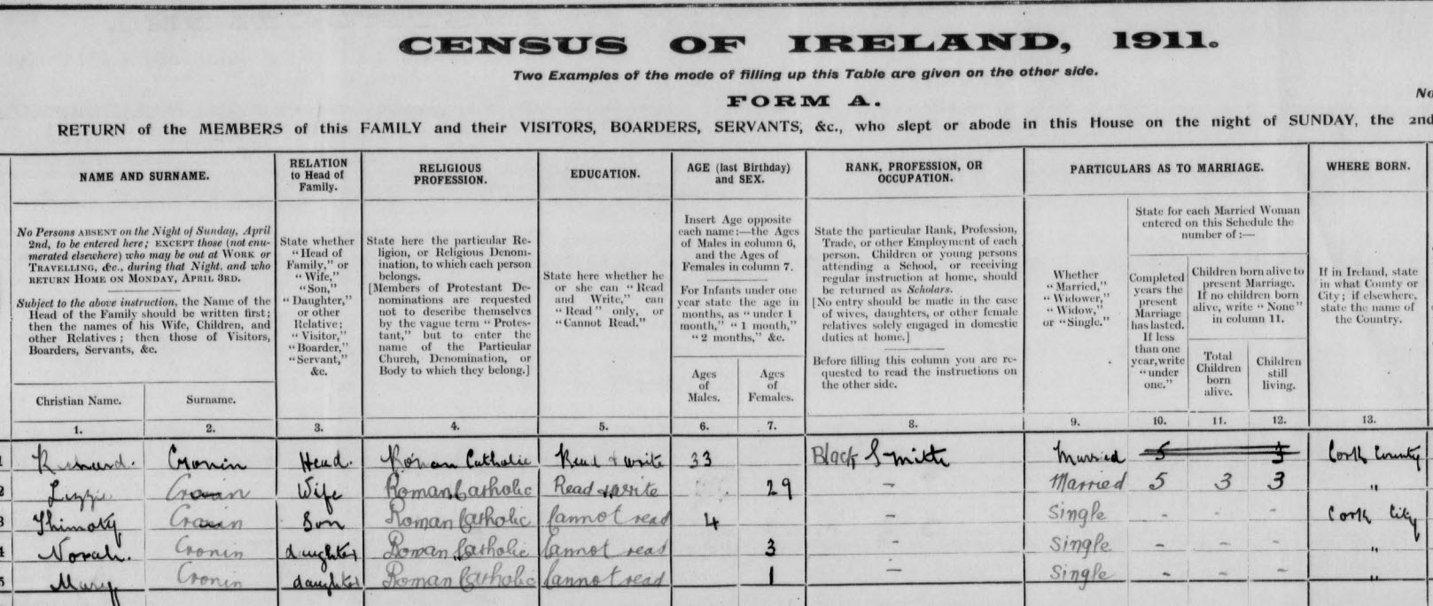 Richard, a blacksmith, appeared in the 1911 census with his family in Cork.
