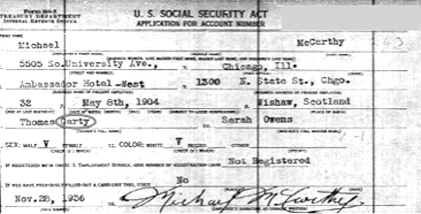 1936  Social Security  application for Michael McCarthy showing  his father as Carty.  (Social Security  Administration.)