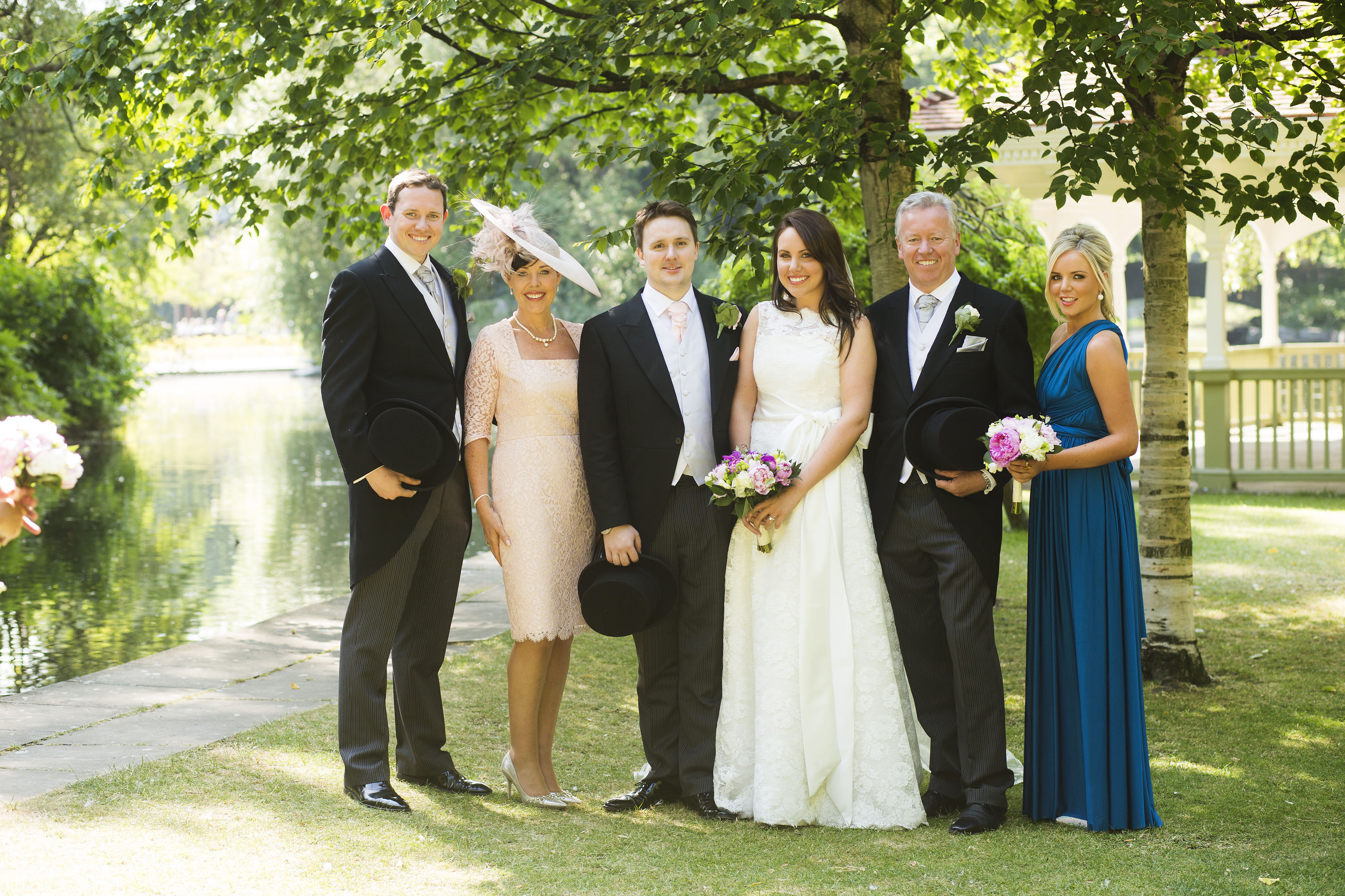 From left: Saunders’s son Colin, wife Jean, daughter Caroline with her husband George, Saunders, and daughter Hannah at Caroline’s wedding in 2013.